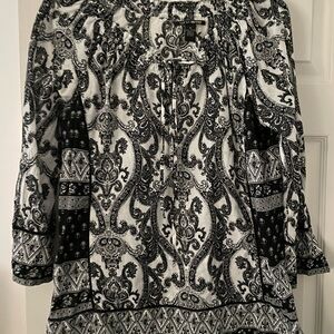 Lucky Brand Boho Black and White Paisley Top/Blouse with a Tie Neck